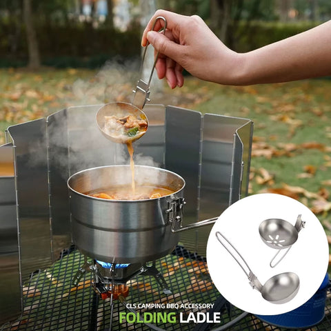 Stainless Steel Soup Ladle Slotted Spoon with Folding Portable Handle Super Light Hot Pot Soup Spoon for Camping Hiking