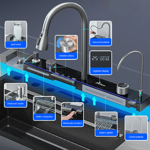 Bezúdržbový multifunkční kuchyňský dřez, 6 mycích režimů