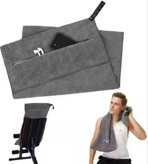 Šedý sportovní ručník z mikrovlákna s kapsou