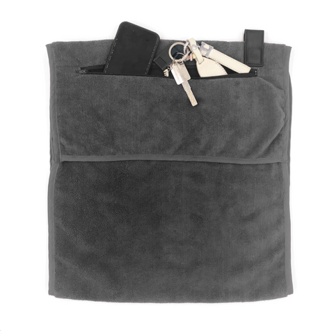 Šedý sportovní ručník z mikrovlákna s kapsou