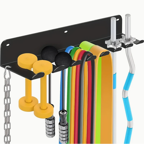 Nástěnný držák na činky a posilovací pomůcky