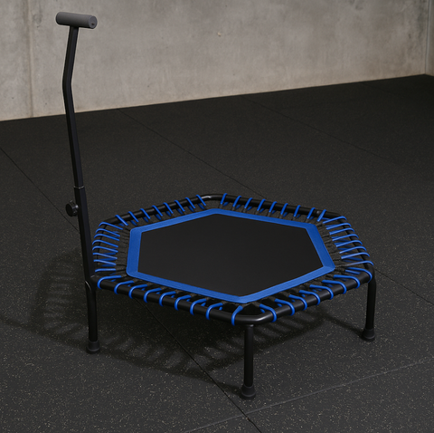 Modrá hexagonální fitness trampolína s držadlem – 40" mini trampolína na skákání bez sítě