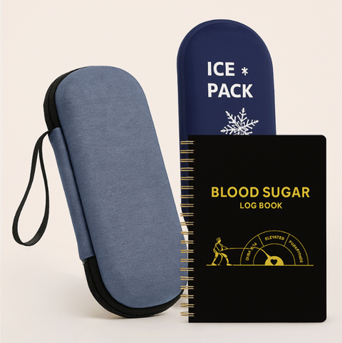 Diabetický set: ochranné pouzdro, chladicí vložky a záznamník glykémie