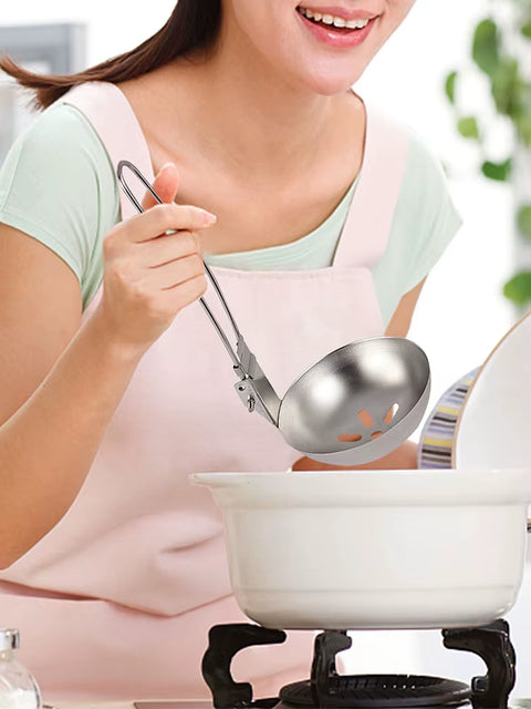 Stainless Steel Soup Ladle Slotted Spoon with Folding Portable Handle Super Light Hot Pot Soup Spoon for Camping Hiking