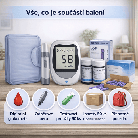 SET digitálního glukometru s měřicím příslušenstvím