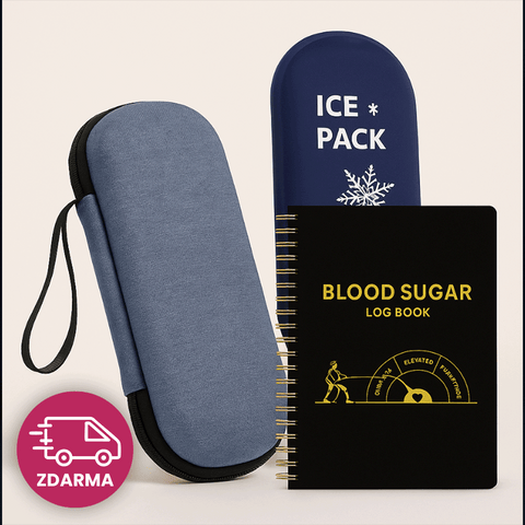 Diabetický set: ochranné pouzdro, chladicí vložky a záznamník glykémie
