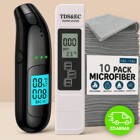 Praktická auto sada: Alkohol tester + Vodotester + 10× mikrovláknová utěrka