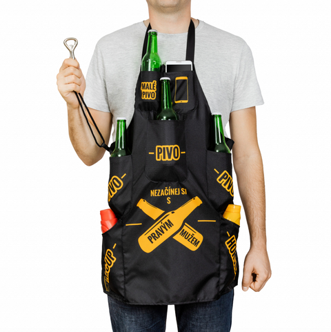 Praktická zástěra pro pravého muže s kapsami a otvírákem (CZ)