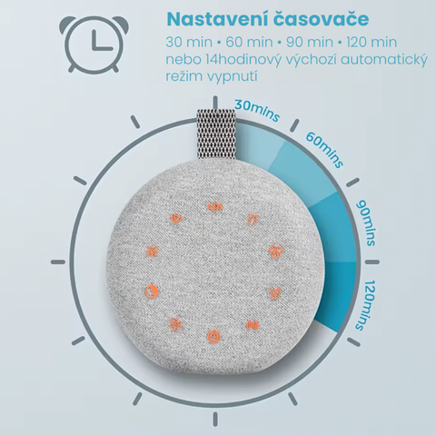 Stylový přenosný přístroj na bílý šum se 40 zvuky