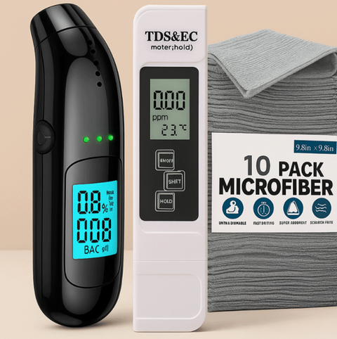 Praktická auto sada: Alkohol tester + Vodotester + 10× mikrovláknová utěrka