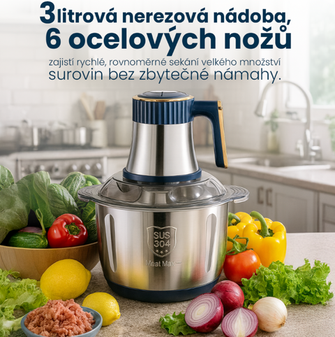 Bezchybný elektrický sekáček potravin 3 l s nerezovou nádobou a 500W motorem