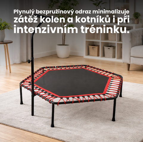 Červená hexagonální fitness trampolína s madlem