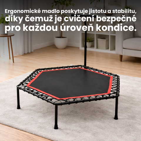 Červená hexagonální fitness trampolína s madlem