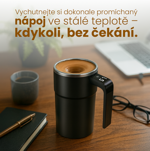 Míchací hrnek na kávu s automatickým mícháním pre rýchlu a pohodlnú prípravu nápoja.